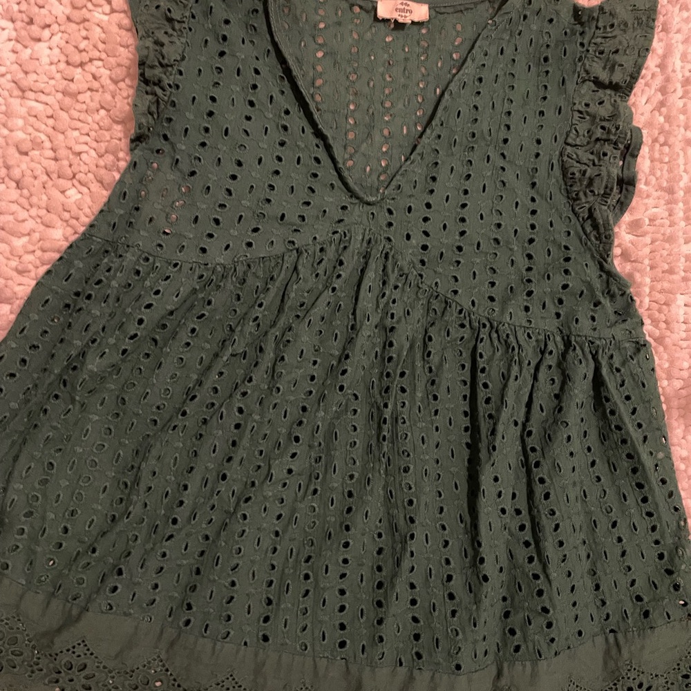 entro Olive Eyelet V-Neck Ruffle Sleeve Tunic